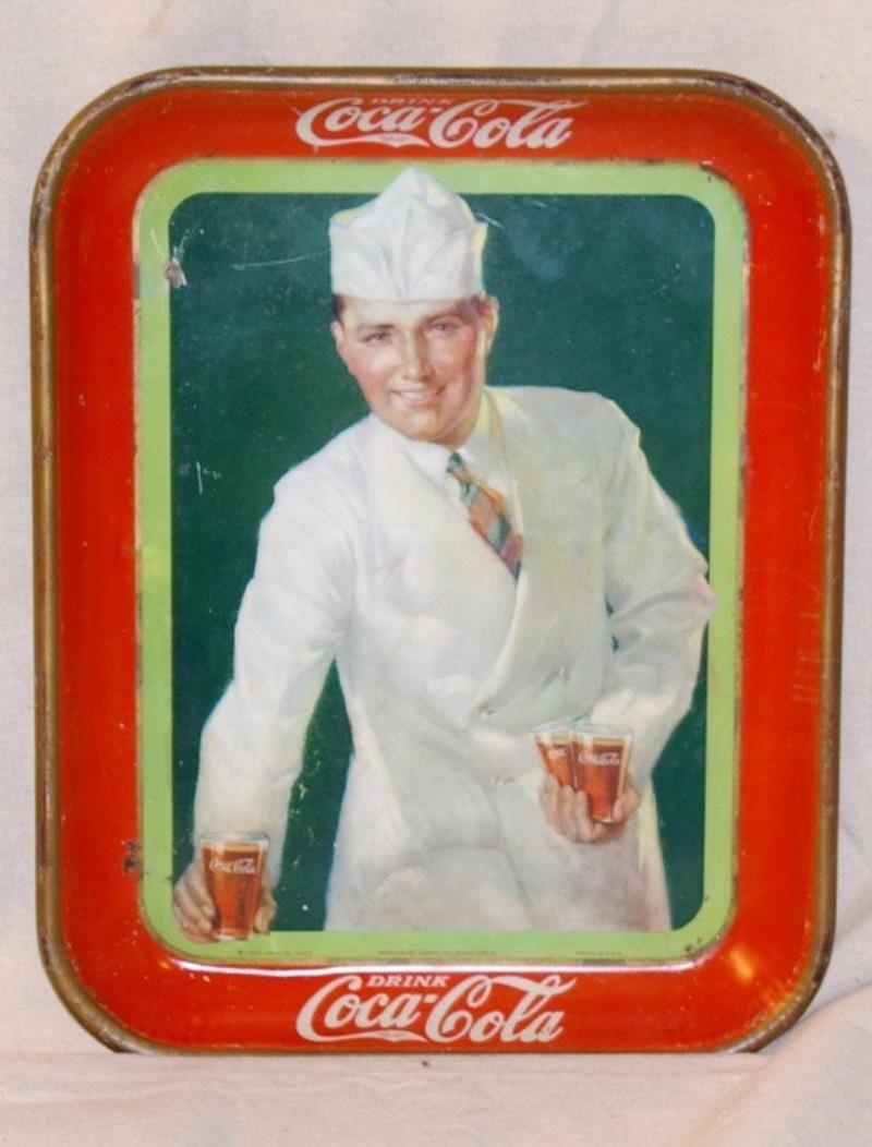 Coca-Cola serving tray, 1927, Soda Jerk at Car, Value & Price Guide