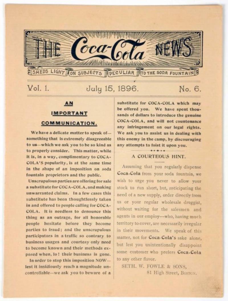 Scarce Coca-Cola 1896 News.