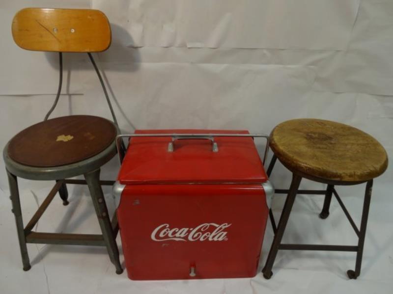 Mid-Century Coca-Cola Cooler+2 Vintage Stools
