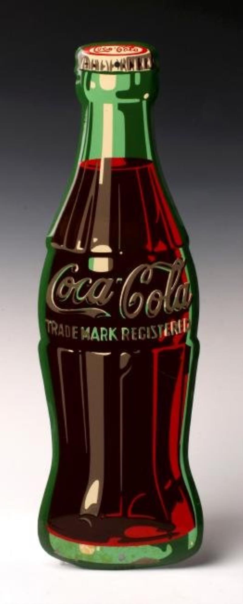 A 1950s TIN LITHO COCA-COLA FIGURAL BOTTLE SIGN