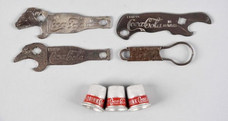 Assorted Early Coca - Cola Bottle Openers & Thimbles