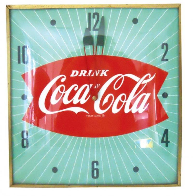 Coca Cola clock w/fishtail design, mfgd by Pam Clock Co