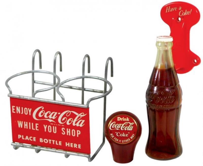 Coca-Cola smalls (3), metal shopping cart bottle holder