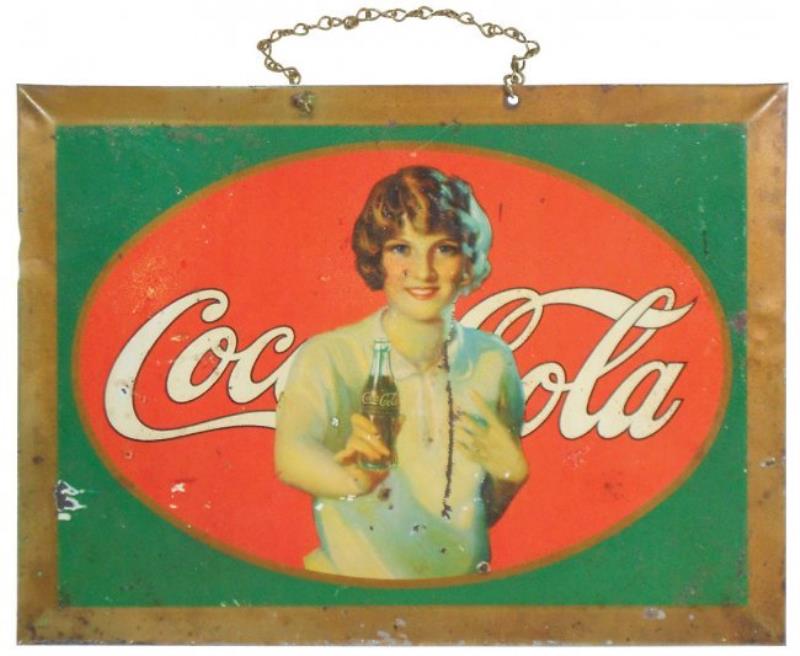 Coca-Cola sign, pretty girl extending a bottle w/a