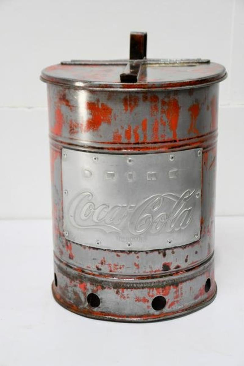 Red Painted Trash Can Advertising Coca-Cola 17 1/2"H,