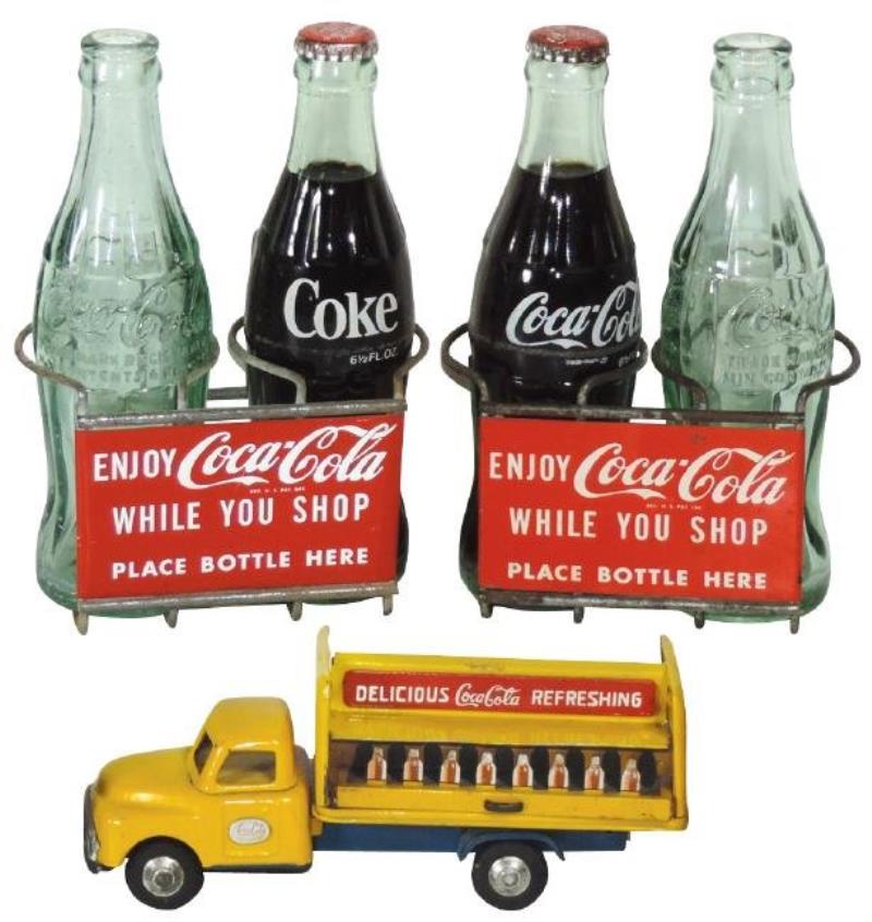 Coca-Cola bottle carriers & toy truck (4), (1) shopping