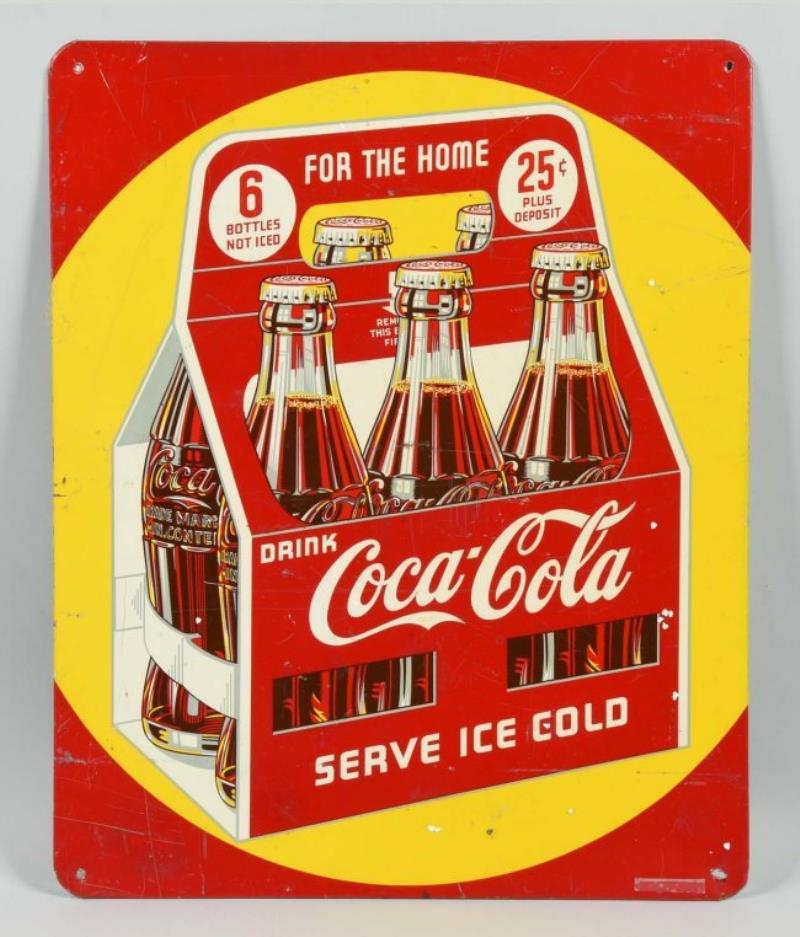 Coca-Cola Advertising Tin Sign w. 6 pack carrier.