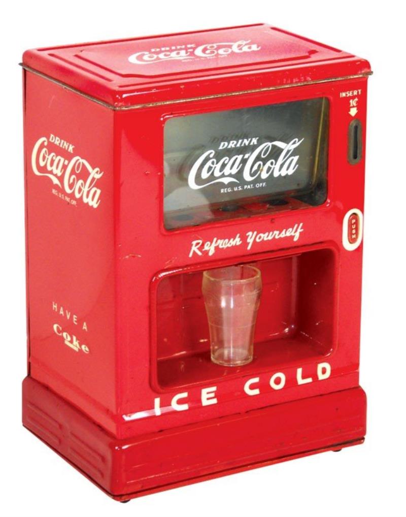 Toy Coca-Cola dispenser, 1 Cent, c.1950's, metal w/orig