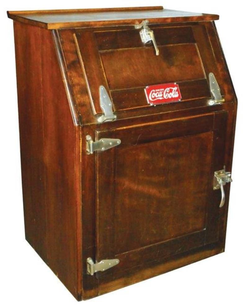 Coca-Cola icebox, wood 2-door w/slant top, zinc lined,