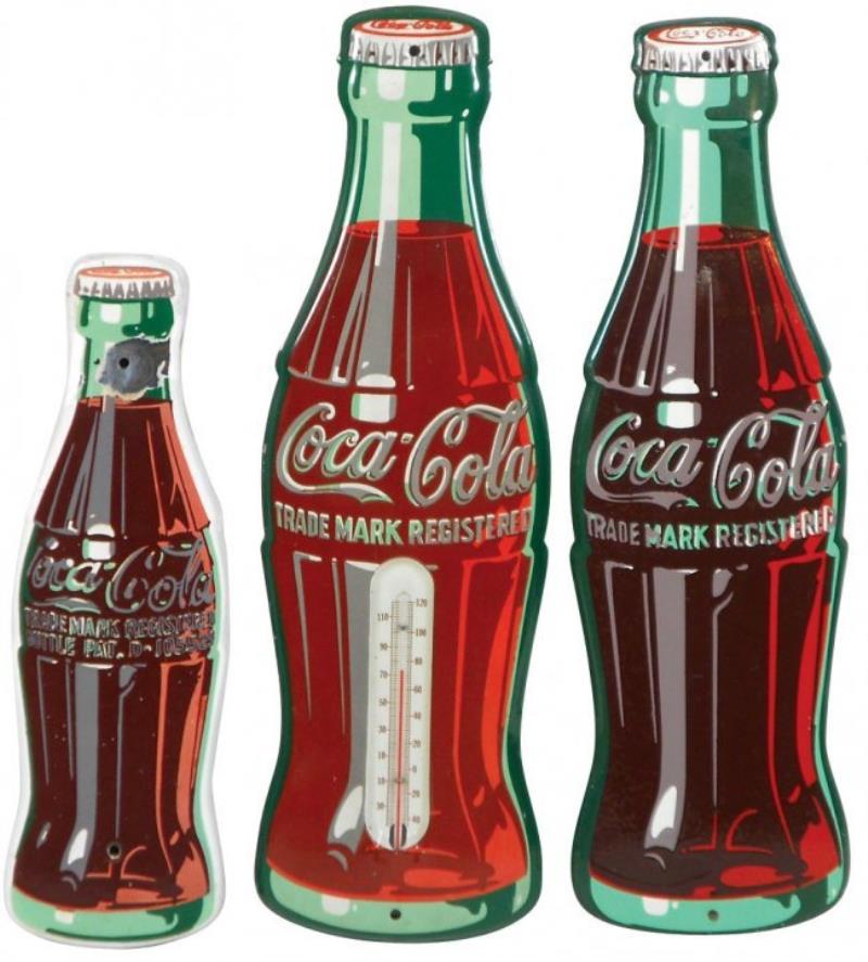 Coca-Cola signs & thermometer (3), porcelain & metal,