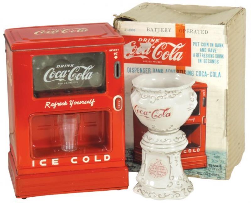 Coca-Cola Line Mar dispenser bank w/orig glasses & box