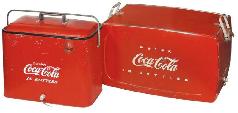 Coca-Cola coolers (2), embossed metal w/rotating