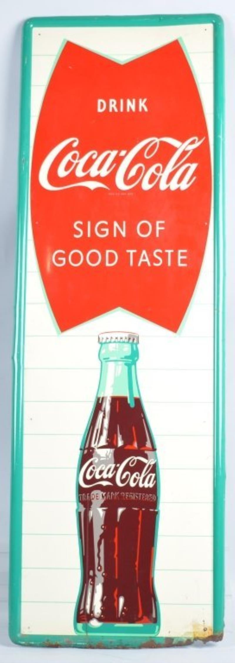 1950s COCA COLA Fishtail Logo and Bottle TIN SIGN