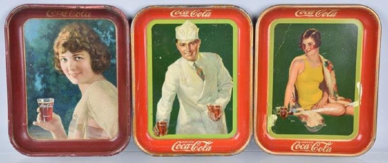 3-COCA COLA SERVING TRAYS, 1924, 1927, and 1929
