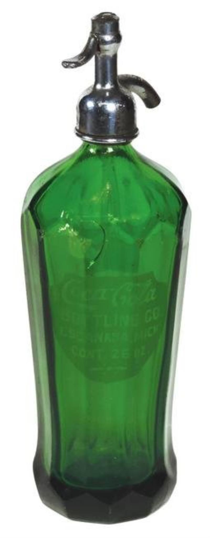 Coca-Cola Seltzer bottle, etched emerald green glass,