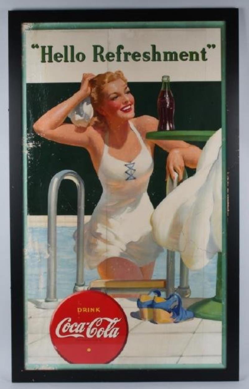 1942 COCA COLA HELLO REFRESHMENT CARDBOARD SIGN