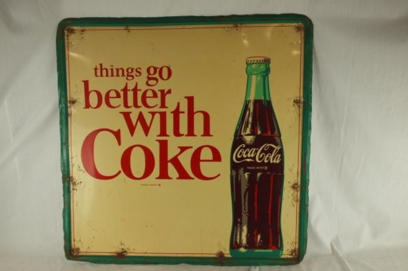CocaCola metal sign, losses, wear, bends, 36" x 36"