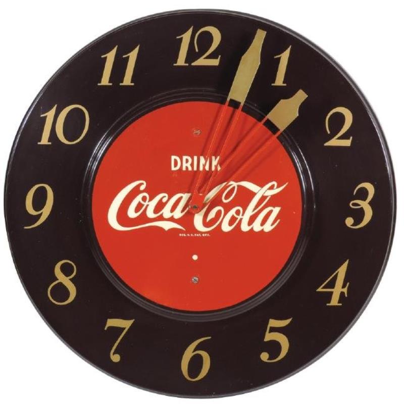 Coca-Cola clock, diecut metal, maroon, c.1951, Exc wkg