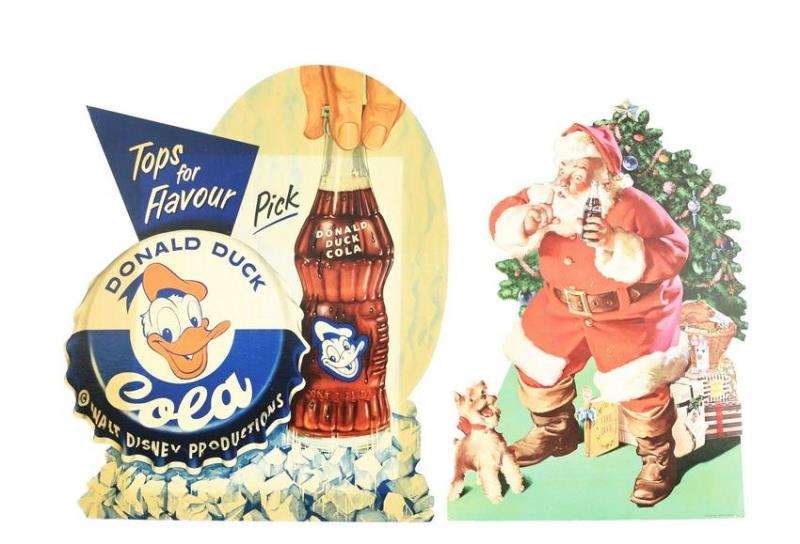 DONALD DUCK COLA AND COCA-COLA CARDBOARD CUT OUT SIGNS.
