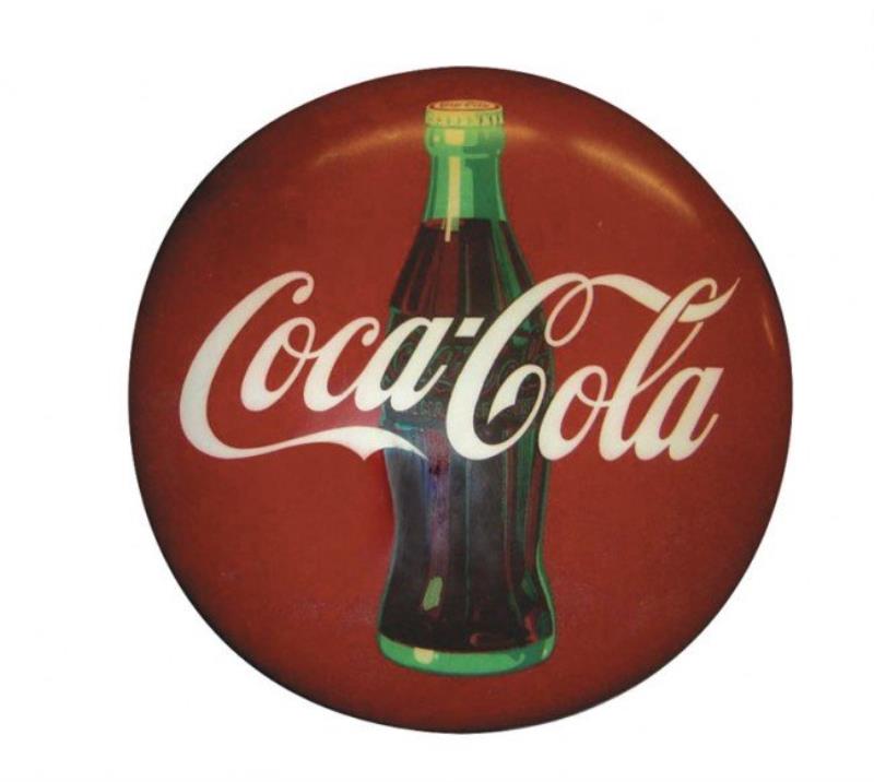 Coca-Cola button sign w/bottle graphic, enamel on metal