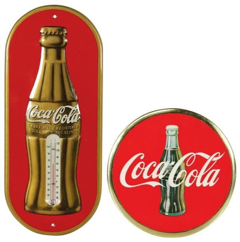 Coca-Cola Thermometers (2), embossed tin & celluloid,