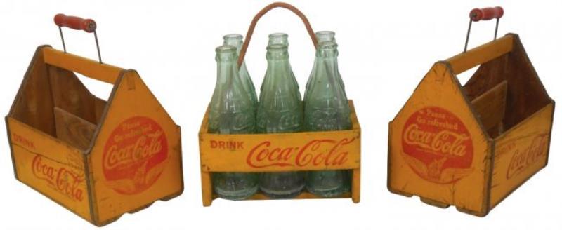 Coca-Cola bottle carriers (3), all are wood, one w/rope