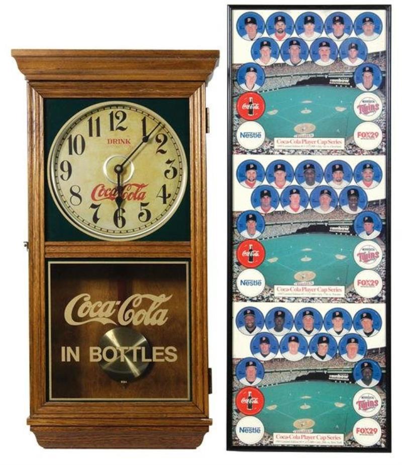 Coca-Cola Clock & Sports Card (2), c1970's oak