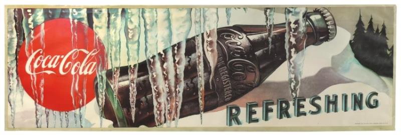 Coca-Cola sign, "Refreshing," bottle adv in snow graphi