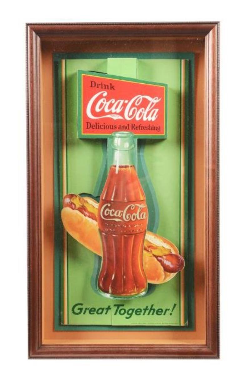 Framed Coca-Cola Hot Dog Cardboard Advertising Sign.