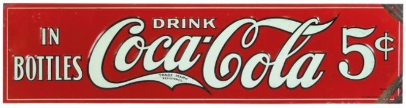 Coca-Cola sign, embossed metal, 5 Cents, mfgd by Elwood