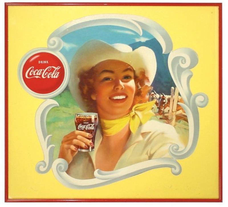 Coca-Cola diecut cdbd sign, Cowgirl w/glass of Coc