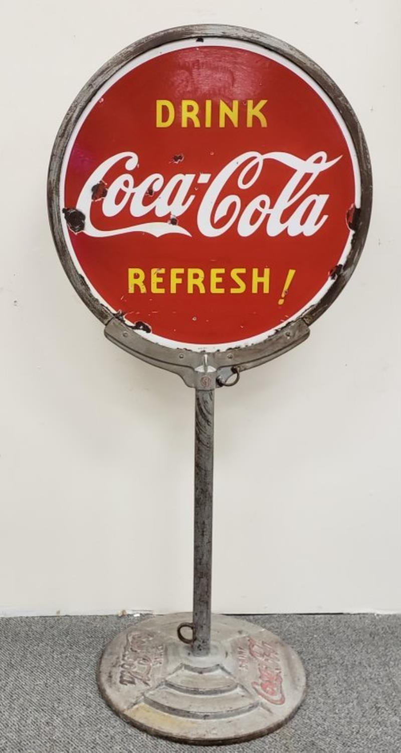 1938 Porcelain Coca Cola Lollipop Sign on Iron Base