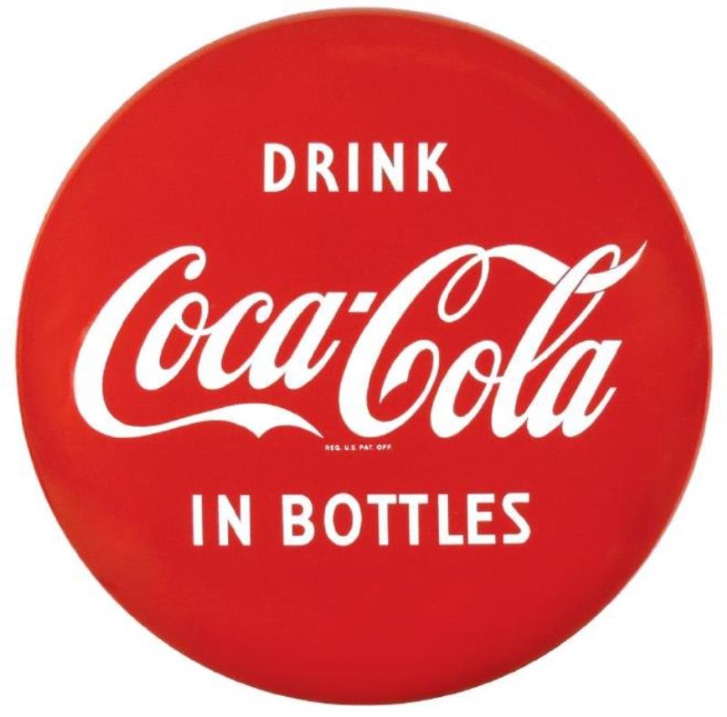 Coca-Cola button sign, "Drink Coca-Cola in Bottles,"