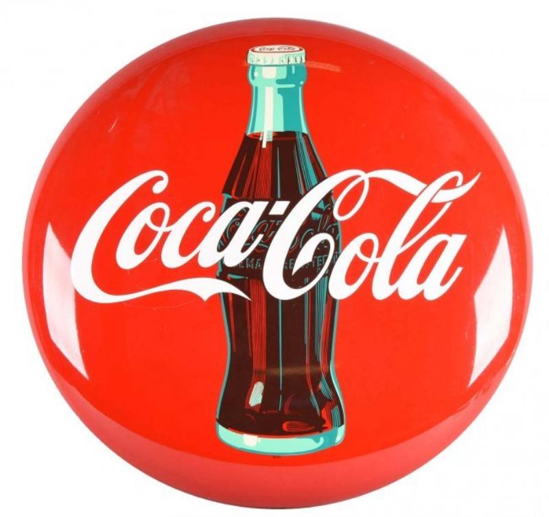 1950's Painted Tin Coca-Cola Button Sign.