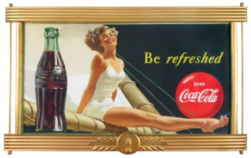 Coca-Cola sign, "Be Refreshed," pretty bathing suit