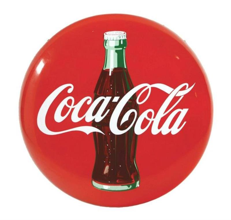 Coca Cola Porcelain Button Sign W/ Bottle Graphic.