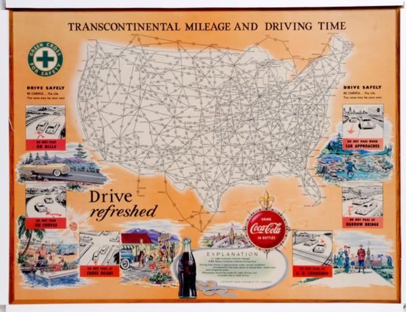 1956 COCA-COLA CARDBOARD NATIONAL MILEAGE CHART