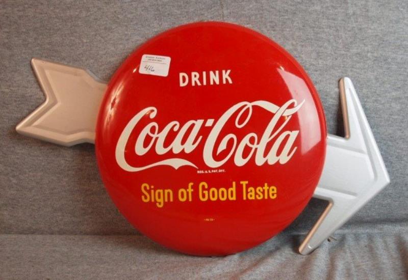 Coca Cola button sign with arrow, rare, mint