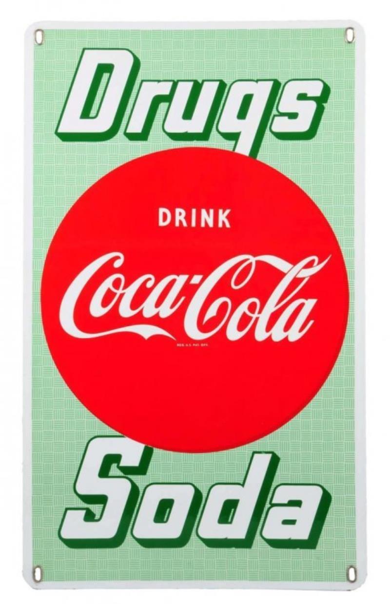 1950's Coca - Cola Drugs and Soda Porcelain Sign
