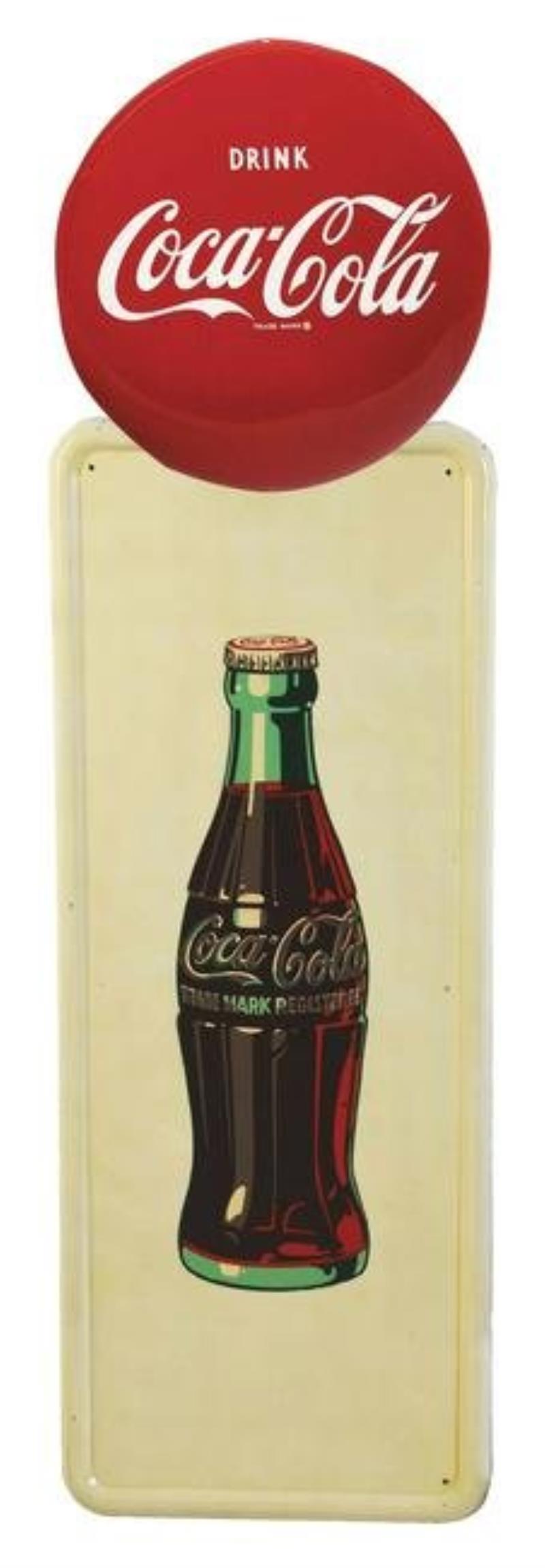 NEW OLD STOCK COCA-COLA BOTTLE AND BUTTON SIGN.