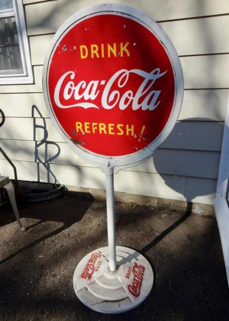 Coca Cola Lolipop Curb Sign on Stand