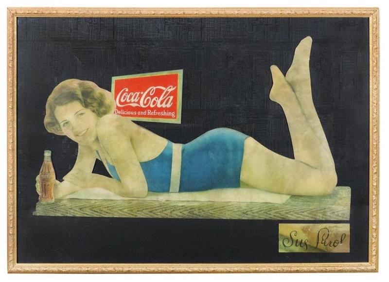 Coca-Cola diecut cdbd sign, Bathing Beauty Sue Carol,