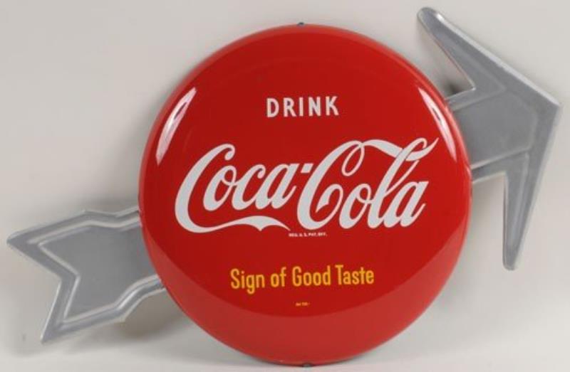 COCA-COLA TIN BUTTON AND ARROW SIGN