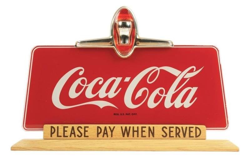 1948 Coca-Cola Glass and Wooden Counter Sign
