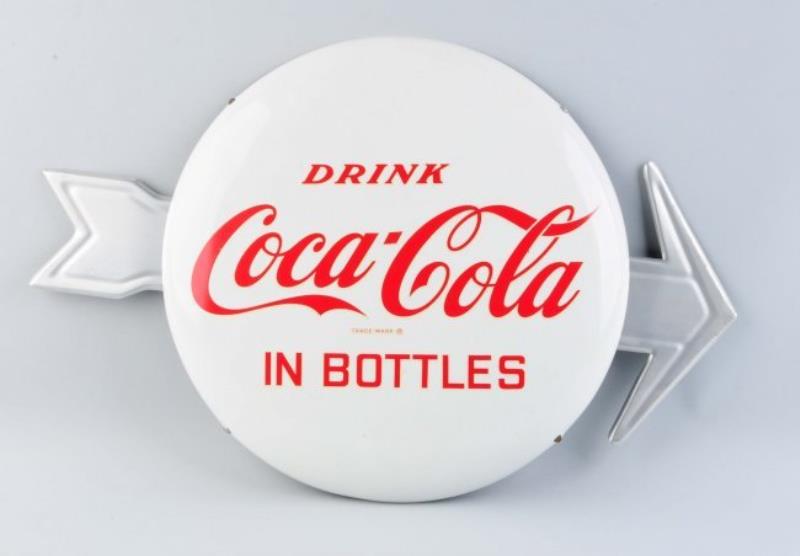 Coca Cola Tin Button Sign with Arrow