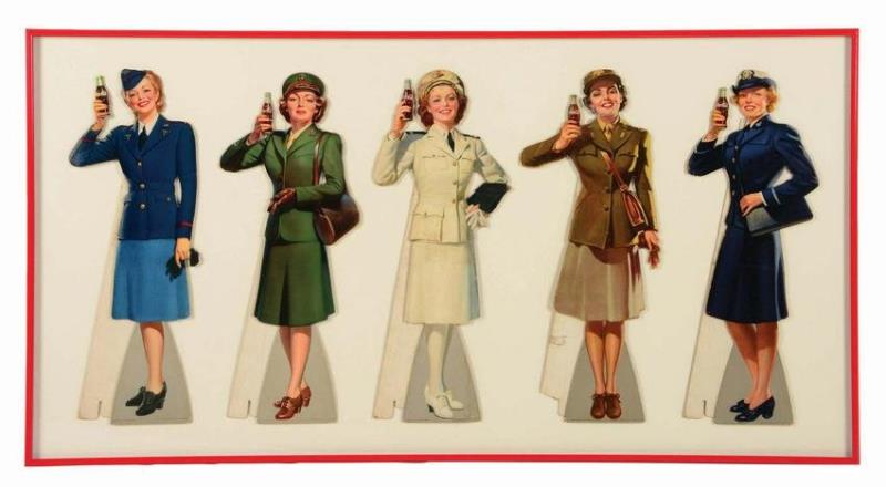 1940S COCA-COLA SERVICE WOMEN DIE-CUT SIGNS.