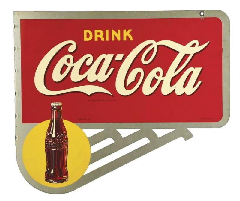 DRINK COCA COLA DIE CUT TIN FLANGE SIGN W/ BOTTLE