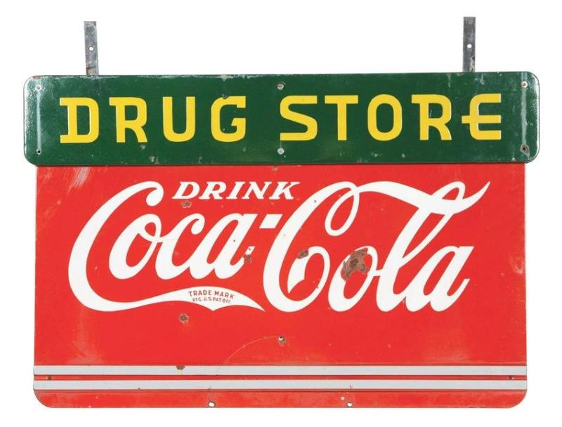 DOUBLE-SIDED COCA-COLA PORCELAIN DRUGSTORE SIGN.