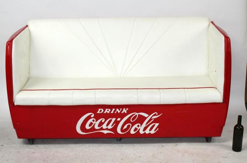 Coca Cola cooler repurposed into leather sofa