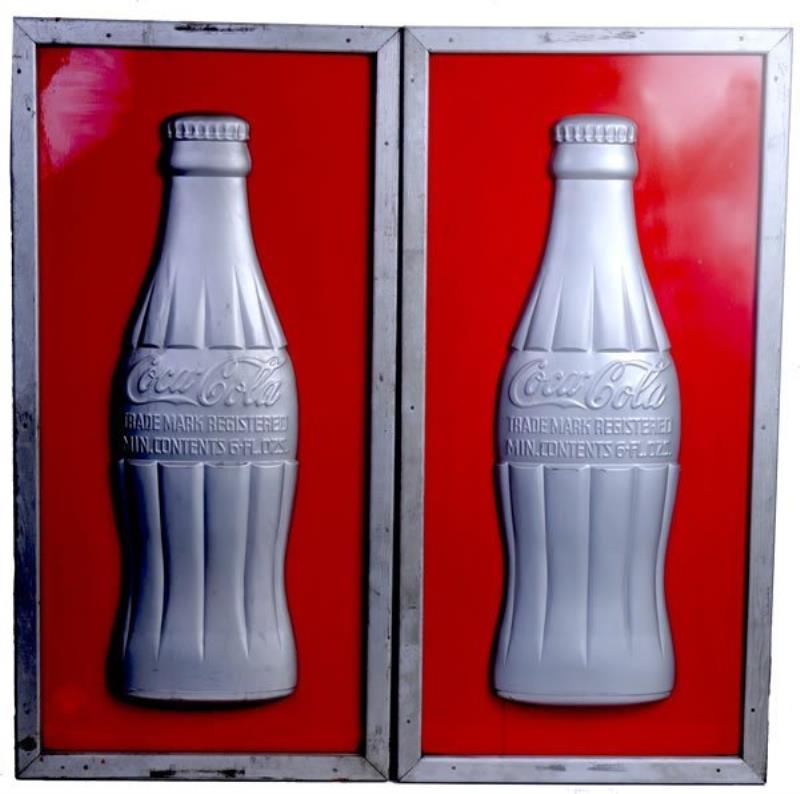 2 COCA-COLA 1940S TIN BOTTLE SIGNS